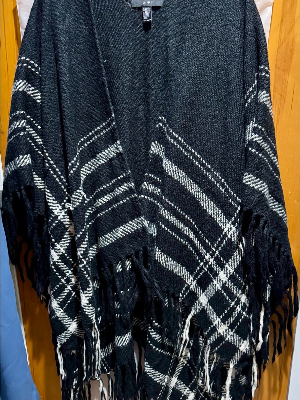 Forever 21 Black & White Plaid Fringe Knit Poncho
